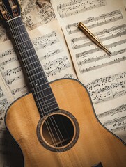 Poster - Acoustic guitar resting on scattered sheet music with a tuning fork in a cozy practice space during late afternoon. Generative AI