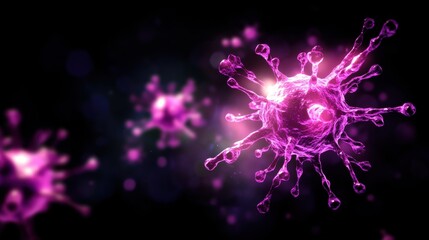 Poster - A vibrant illustration of a virus, showcasing intricate details and a glowing pink hue against a dark background, emphasizing its microscopic beauty.