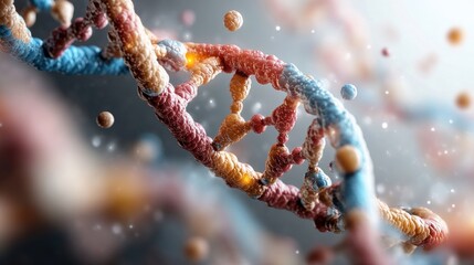 Poster - A colorful, abstract representation of a DNA double helix, showcasing intricate molecular structures against a blurred background.