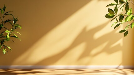 Poster - A serene interior scene featuring soft shadows cast by greenery on a warm, yellow wall, creating a calming atmosphere.