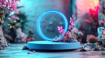 Poster - Blue ring adorned with colorful flowers creating a vibrant decorative piece on a white background