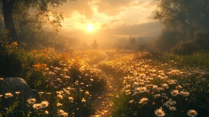 Wall Mural - Serene meadow at sunset with wildflowers and golden sunlight