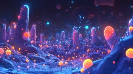 Leinwandbilder - Vibrant microscopic landscape showcasing glowing viruses in an intricate biological world. Generative AI
