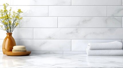 Poster - A serene bathroom scene with marble tiles, a vase of flowers, a wooden plate, and stacked towels, creating a fresh and inviting atmosphere.