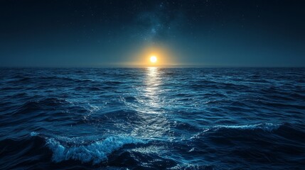 Wall Mural - Serene ocean nightscape with full moon reflection on water