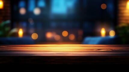Poster - A softly lit wooden table in a cozy setting, illuminated by warm candlelight and a blurred background of glowing lights.
