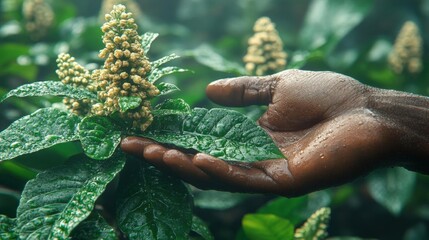 Wall Mural - A hand gently touches a lush green plant, water droplets clinging to its leaves, representing growth and care for nature