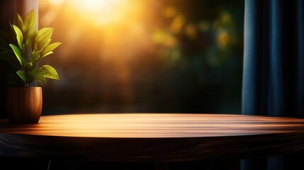 Poster - A serene setting featuring a wooden table illuminated by warm sunlight, complemented by a small green plant, creating a tranquil atmosphere.