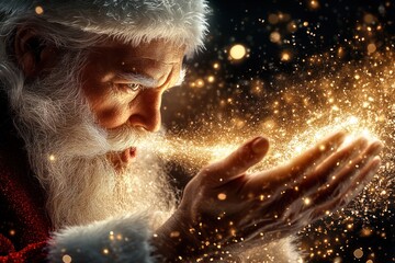 Wall Mural - Magical Santa Claus Blowing Christmas Lights on Golden Background