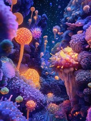 Poster - Vibrant microscopic landscape showcasing glowing viruses in a colorful underworld at night. Generative AI