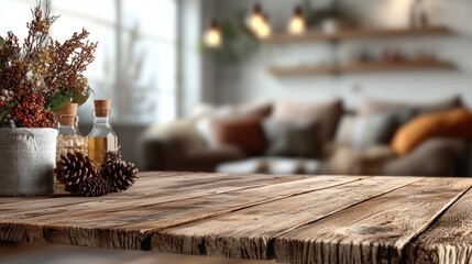 Poster - A rustic wooden table adorned with decorative bottles and pinecones, set in a cozy living room with warm lighting and soft furnishings.