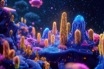 Poster - Vibrant microscopic landscape showcasing glowing viruses within a colorful ecosystem. Generative AI