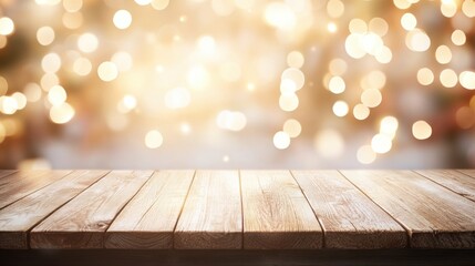 Poster - A wooden table in the foreground with a soft, blurred background of warm, sparkling lights, creating a cozy and inviting atmosphere.