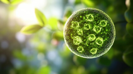 Poster - A close-up view of a green, spherical structure resembling a cell, surrounded by soft-focus leaves, capturing the essence of nature and cellular life.