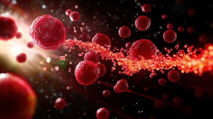 Poster - An abstract representation of red blood cells moving through a dynamic, glowing environment, symbolizing vitality and circulation in the human body.