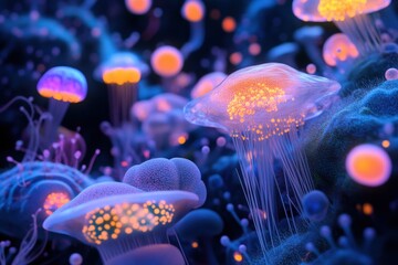 Poster - Vibrant microscopic landscape filled with glowing viruses illuminating a fantastical world of cellular life and interaction. Generative AI