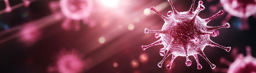 Poster - a close-up view of a virus particle in vibrant pink tones, showcasing its intricate structure agains
