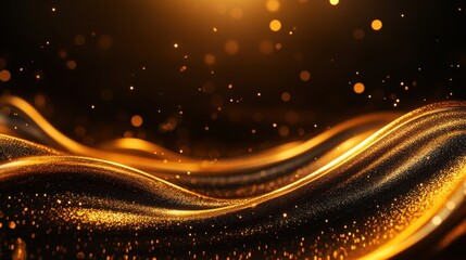 Poster - A mesmerizing wave of golden particles glimmers against a dark background, creating a dynamic and ethereal atmosphere.