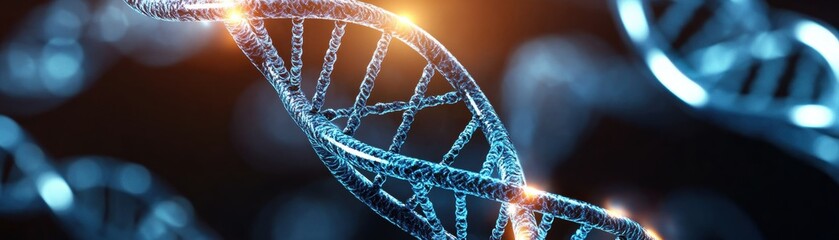 Poster - A close-up view of a DNA double helix, showcasing intricate structures and glowing elements, symbolizing genetics and biotechnology.