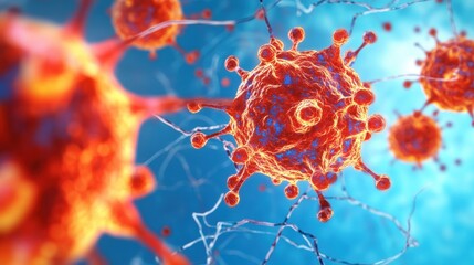 Poster - A vibrant depiction of virus particles, showcasing their intricate structures against a blue background, illustrating the complex nature of microorganisms.
