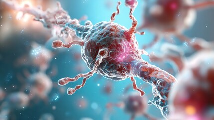 Poster - A vibrant depiction of microscopic cells showcasing intricate structures and connections in a dynamic biological environment.