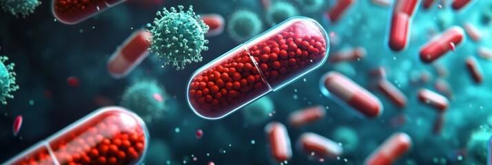 Poster - Pills swirling around bacteria in a dynamic representation of medical advancements in the fight against infection. Generative AI