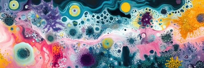 Aufkleber - Swirling bacteria and microbes create a vibrant display in liquid environment. Generative AI