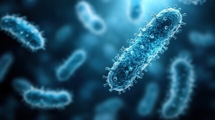 Poster - A close-up view of bacterial cells in a vibrant blue environment, showcasing the intricate details of microorganisms.