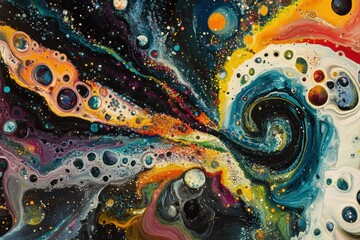 Poster - swirling bacteria and microbes in vibrant colors moving through a liquid medium in an abstract cosmi
