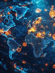 Aufkleber - World map with highlighted regions showing viral spread across continents during the 21st century. Generative AI