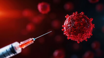 Poster - a syringe approaches a red virus, symbolizing vaccination and the fight against infectious diseases.