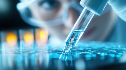 Poster - A scientist carefully uses a pipette to transfer liquid in a laboratory setting, highlighting precision and focus in scientific research.