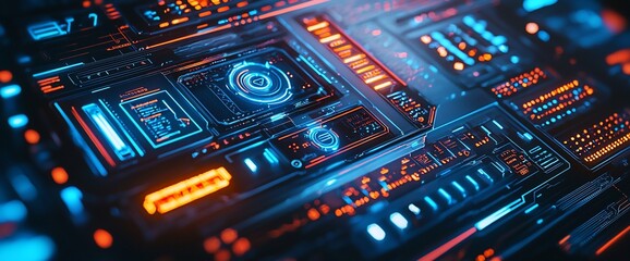 Poster - Futuristic digital interface with glowing blue and orange elements.