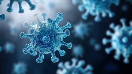 Poster - A close-up view of virus particles, showcasing their complex structure in a blue-toned digital environment.