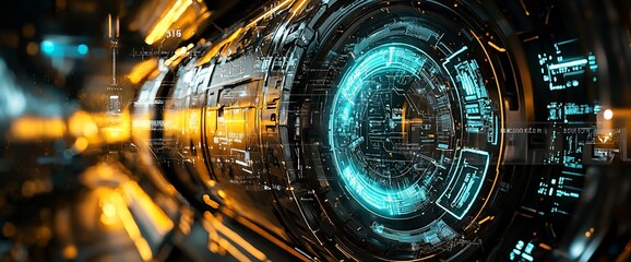 Poster - Futuristic technological interface with glowing cyan and gold details.