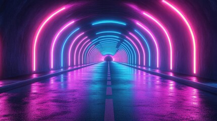 Poster - A journey through a neon tunnel, vibrant pink and blue lights illuminate a wet road, a futuristic and abstract digital art