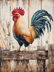 Fototapete - Colorful rooster perched confidently on a rustic wooden fence in a serene countryside setting at dawn. Generative AI