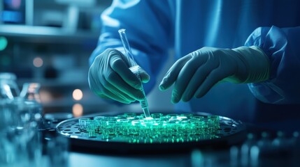 Poster - A scientist in gloves conducts an experiment using a pipette on a green-lit petri dish in a laboratory setting.