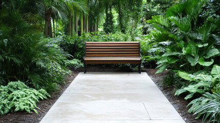 Wall Mural - tranquil garden featuring wooden bench surrounded by lush greenery