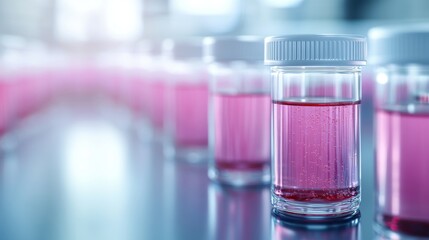 Poster - Row of pink liquid in laboratory glassware on a white background for scientific research and experimentation