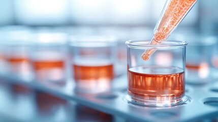Poster - A close-up of a pipette dispensing a liquid into a small glass container, showcasing laboratory techniques and colorful solutions.
