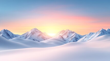 Wall Mural - Serene sunset over snow-covered mountain range with clear sky