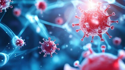 Poster - A vibrant illustration of viruses in a microscopic view, showcasing their structure and interaction within a network of cells.