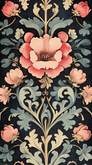 Wall Mural - The image depicts a detailed and ornate floral pattern with red flowers and green leaves on a dark background