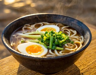 Wall Mural - Golden Hours Capture of a Hearty Bowl of Ramen with Floating Scallions