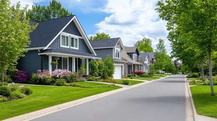 Wall Mural - Beautiful suburban neighborhood with modern homes, blooming gardens, and clear blue sky on a sunny day