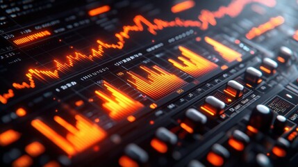 Poster - Abstract Futuristic Digital Data Visualization with Glowing Orange Lines and Waves