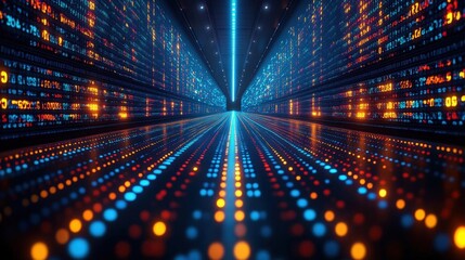 Poster - Abstract Digital Data Stream: Glowing Lines and Particles in a Futuristic Cyberspace Tunnel