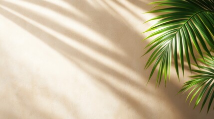 Poster - A serene image featuring a palm leaf casting shadows on a textured beige wall, creating a calming and tropical ambiance.