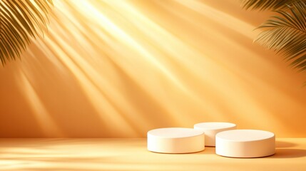 Poster - Two white candles placed on a wooden table accompanied by green palm leaves for a serene atmosphere